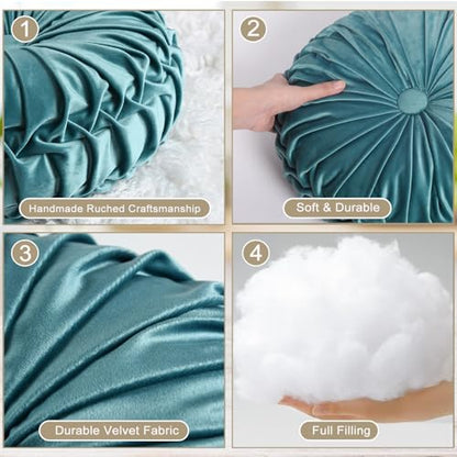 HIG Set of 2 Teal Velvet Decorative Round Pleated Throw Pillows - color: Teal