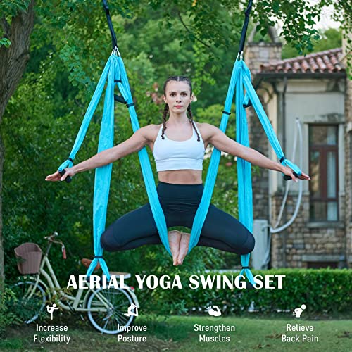 ZELUS Aerial Yoga Swing Sling Strong Yoga Hammock Kit Set Trapeze Inversion Equipment Include 2 Extensions Straps and Ceiling Mounting Kit - color: Blue