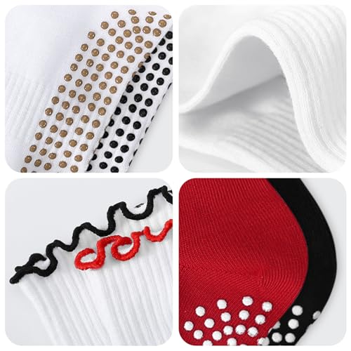 Women's Pilates Grip Socks, Ruffle Non Slip Bow Pattern Yoga Socks | Grippy, Frilly Trim, Embroidery, Crew Length, Soft Cotton, Arch Support, for Barre Ballet Dance Workout Hospital Home Gifts - color: B06-bow-red+black
