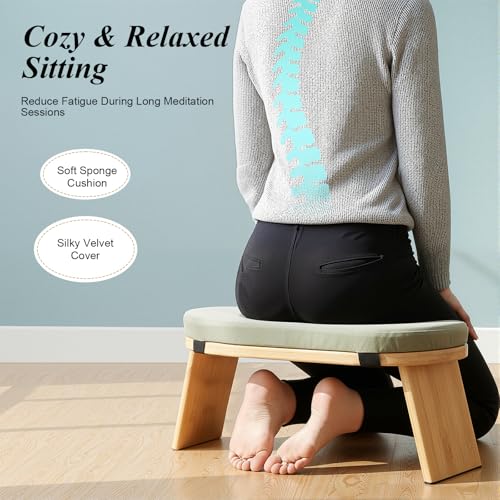 Meditation Bench Foldable & Ergonomic, Kneeling Meditation Stool with 5° Forward Tilt & 400lbs Capacity, Bamboo Meditation Stool with Detachable Velvet Cushion forYoga Prayer (Green) - color: Green