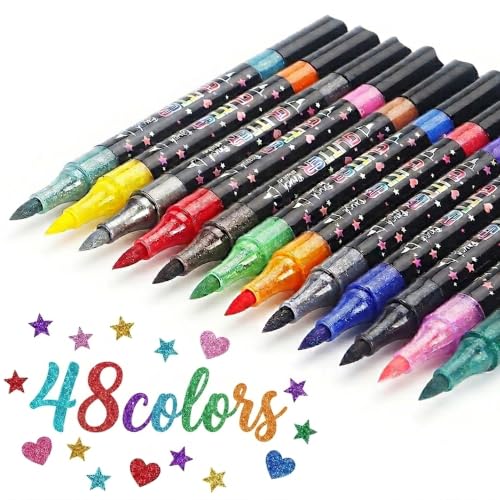 48 Colors Glitter Markers Pen,Glitter Paint Pens Sparkly Metallic Shimmer Marker Fine Point Tip Outline Markers for Adult DIY Crafts,Christma,Greeting Birthday Cards - color: 48 Colors