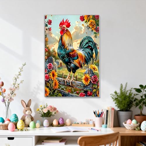 DOMROM Framed Paint by Numbers Kit for Adults, Colorful Rooster DIY Paint by Number Kits on Canvas, Easy Animal Painting by Numbers for Home Wall Decor Gift 8x12 Inch - color: PK038