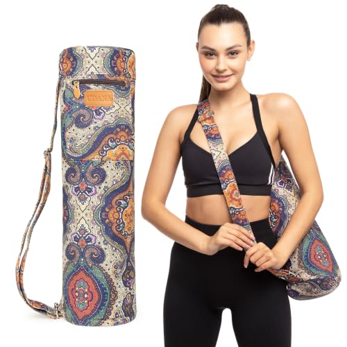 UDANA Canvas Yoga Mat Bag for Women & Men, Full-Zip Carrier with 3 Pockets & Adjustable Strap, Stylish Gym & Pilates Bag – Available in Multiple Sizes - color: Bohemian Paisley, size: Extra Large: 2/5" to 1/2" (11-13mm) Thick Mats