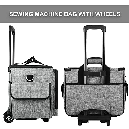 CAB55 Rolling Sewing Machine Case, Detachable Rolling Sewing Machine Carrying Case on Wheels, Trolley Tote Bag with Removable Bottom Wooden Board for Most Standard Sewing Machine and Accessories - color: Grey
