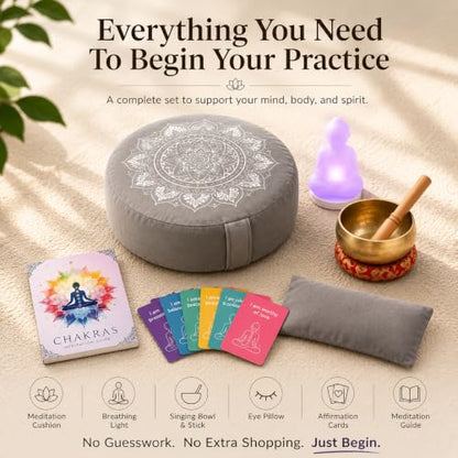 Meditation Cushion Set with Buckwheat Zafu Pillow, Meditation Starter Kit | Meditation Starter Kit with Buckwheat Zafu Cushion, Breathing Light, Singing Bowl & Eye Pillow for Mindfulness