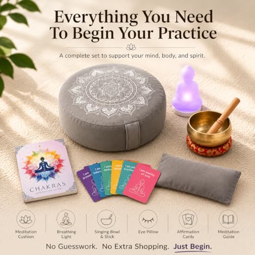 Meditation Cushion Set with Buckwheat Zafu Pillow, Meditation Starter Kit | Meditation Starter Kit with Buckwheat Zafu Cushion, Breathing Light, Singing Bowl & Eye Pillow for Mindfulness