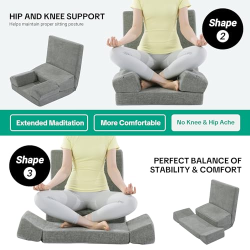 HOMBYS Pro Meditation Cushion Set with Adjustable Back Support, Large 3-in-1 Floor Sitting Chair for Yoga & Meditation, Extra Thick Yoga Pillows for Adults with Knee Support, Grey
