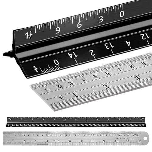 2-Piece Architectural Scale Ruler Set, 12-Inch Laser-Etched Aluminum Triangular Scale + Stainless Steel Straight Ruler, Inch/mm Conversion for Drafting, Blueprint Reading and Technical Drawing