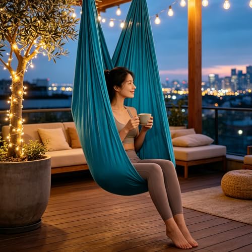 Blue-Green Gradient & Dark Green Aerial Yoga Hammock (400x180 cm / 157"x71"), Soft Silk Swing for Anti-Gravity Yoga, Inversion Therapy, Ideal for Strength, Flexibility Training and Stress Relief - color: Dark Green