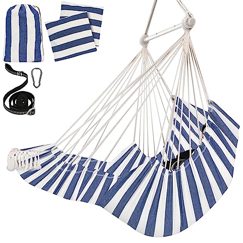 Chihee Hammock Chair Foot Rest 2 Cushions Max 485 lbs Metal Spreader Bar | Robust Hanging Chair Soft Cotton Blended Swing Collapsible Easy Storage Strong Strap Iron Carabiner Pocket Indoor Outdoor - color: Blue/White Stripes