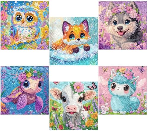 VividMeng 6 Pack Diamond Painting Kits for Kids Beginners, Cute Animals Diamond Art for Kids Ages 6-8-9-10-12 Girls Boys, Full Round Drill DIY Big Gem Art for Home Wall Decor and Gift 6x6inch - color: 6 animals 2