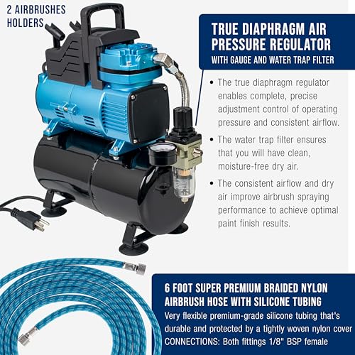 Master Airbrush 1/5 HP Cool-Runner Dual Fan Tank Air Compressor Kit Model TC-426 - Professional Single-Piston with 2 Cooling Fans, Runs Longer without Overheating - Regulator Water Trap, Holder - style: Super Cool Runner Tank