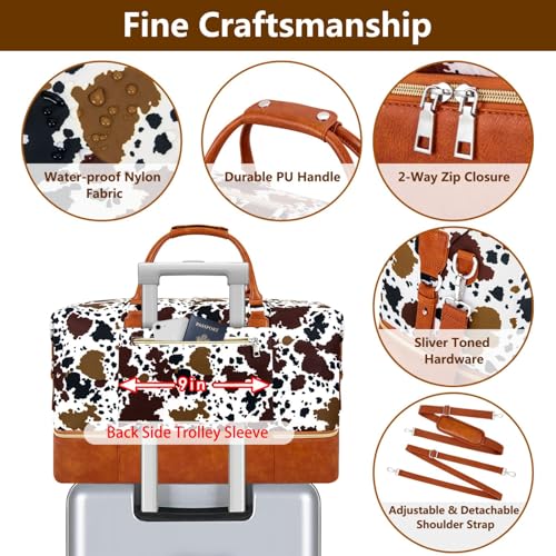 ITIEZY Weekender Bag for Women 21.5" Travel Duffel Large Carry On Bag 3PCS | Nylon Duffel Bag with Waterproof Shoe Compartment, Crossbody Bag and Toiletry Bag, Travel Weekend Hospital Overnight Gym Bag - color: 5-Brown Cow