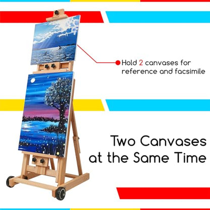 MEEDEN Versatile Studio H-Frame Easel - All Media Adjustable Beech Wood Studio Easel, Painting Floor Easel Stand, Movable and Tilting Flat Available, Holds Canvas Art up to 77" - style: Natural