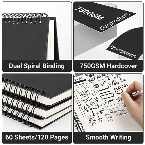 EUSOAR Blank Spiral Notebook, A4 3 Packs 8.5"x 11" Hardcover Blank Kraft Sketch Notebook Bulk，College Wirebound Memo Notepads Diary Planner Notebook Journal with Unlined Paper 120pages/60sheets - color: Black, size: A4-3 Packs