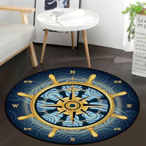 keepcute 3ft Compass Rug Round, Non-Slip Blue Nautical Carpet | Soft nautical round rug, heat-transfer print, durable nautical rugs for study or living room, washable mat - color: Gold Compass Rose, size: 3' (Round)
