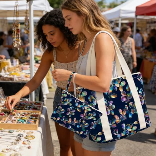 IAXIC Waterproof Tote Bag and Wet Bag Set, Summer Pattern Design for Beach Travel Gym Holiday Gifting - color: Dark Blue Tropical Leaf