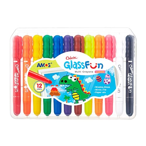 AMOS Crayons for Kids – 12 Washable Colors for Windows, Glass & Mirror, Safe & Non-Toxic for Toddlers & Children, Easy Clean Art Set with Storage Case - style: Glass Fun