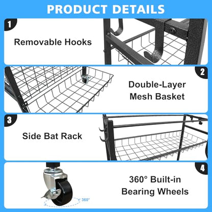 Sports Equipment Garage Organizer, Garage Ball Storage Rack with Basket, Hooks and Rolling Cart for Sports Gear and Toy Storage, Heavy Duty Ball Holder Indoor/Outdoor Use