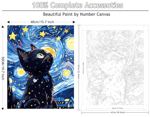 Yunnuo Paint by Numbers Kit for Adults Beginners Cat, 16x20 Inch | Adult Paint by Number Kits on Canvas, Starry Night Black Cat, DIY Acrylic Oil Easy Painting by Numbers for Home Wall Decor - color: A-001-Black Cat