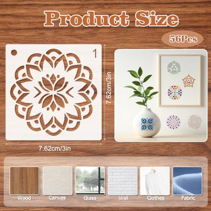 MWOOT 56 Pcs Mandala Stencils, Floral Templates for Painting on Wood, Tile, Stone, Canvas, Floral Stencils for Crafts Reusable, DIY Crafts Scrapbook Decor, 7.62x7.62 CM