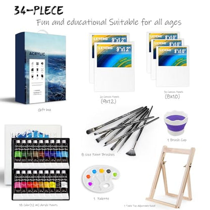 LEYEMO 34 PCS Acrylic Art Paint Set for Kids & Adults | Art Painting Supplies Kit with 18 Acrylic Paints, 8 Brushes, 5 Paint Canvas, Easel & Palette for Beginner Artists