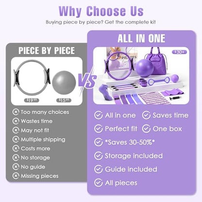 Pilates Kit, Pilates Equipment for Home Workouts, Home Pilates Essentials Kit for Women with Pilates Ring and Ball Set, Socks, Ankle Resistance Bands with Cuffs, Resistance Band and Massage Ball - color: Purple