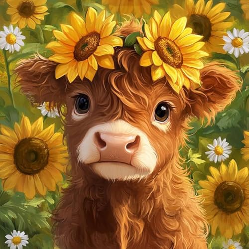 AALBLAC Cow Paint by Numbers Kit for Adults Beginners, Highland Cow Flower Paint by Number for Adults, Easy Animal Acrylic Painting by Numbers for Home Wall Decoration (16x16 inch) - color: Cow Sunflowers-40X40