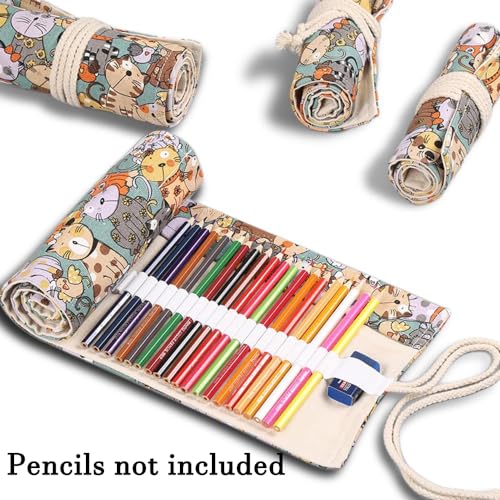 DIYOMR 24/36/72 Slots Pencil Wrap Pencil Rolls, Artist Colored Pencils Roll Up Bag Short Brushes Pouch Case Pencils Organizer for Drawing Coloring and Sketching, NO PENCILS (Cuddly Cat, 36slots) - color: Cuddly Cat, size: 36slots