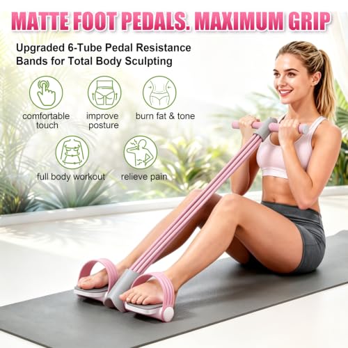 Upgraded Foot Pedal Resistance Band with Handle, 6-Tube Elastic Resistance Bands for Home Workout, Multifunction Exercise Equipment for Abdomen, Core/ABS, Waist, Arm, Leg - color: Pink