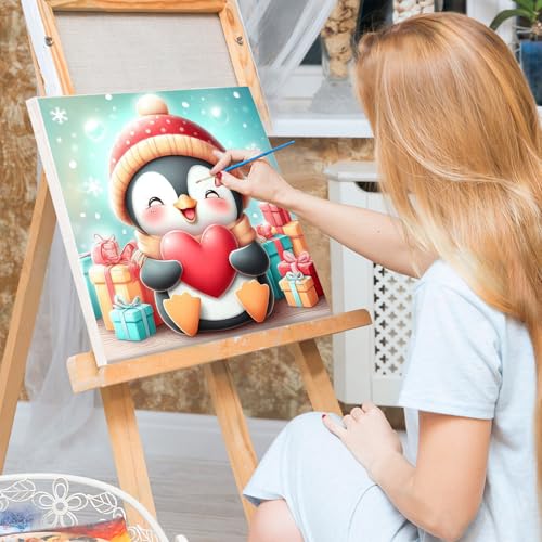 Bowetile 4 Pack Framed Paint by Numbers Christmas for Adults Beginners, Adults' Paint-by-Number Penguin Kits on Canvas, DIY Acrylic Number Painting Crafts Kits Christmas Gifts for Home Decor, 8x8in - color: Penguin