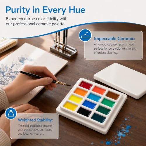 12 Grids Ceramic Palette - Durable Mixing Tray for Watercolor, Gouache, Acrylic, and Oil Paints