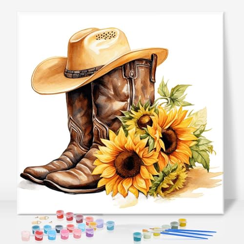 GEEHEIY Framed Paint by Numbers Kit for Adults, Cowboy Boots, 10 x 10 Inch | DIY Adult Paint by Number Kit for Beginners, Farmhouse Wall Decor, Stress Relief Craft Gift, Creative Hobby - color: TRTD1PF301