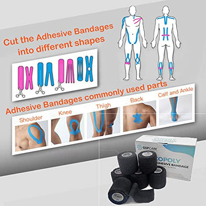 Self Adherent Cohesive Wrap Bandages 2 Inches (Black, 6 Count) - color: Black, size: 6 Count (Pack of 1)