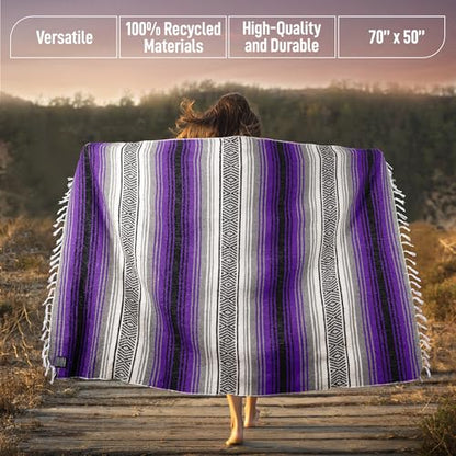 Hydration Nation Authentic Extra Large Mexican Blanket (70"x50") - Handwoven Yoga, Serape - Artisanal Falsa, Beach, Camping, Picnic, Outdoor (Purple) - color: Purple