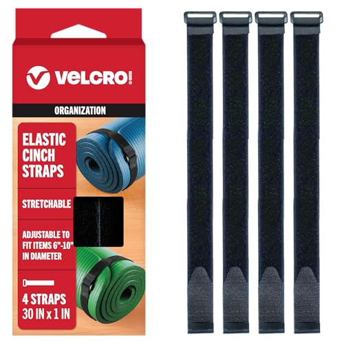 VELCRO Brand Elastic Cinch Straps with Buckle, 30in x 1in, Black, 4 Pack | Stretchable And Adjustable For A Snug Fit; Fastens Yoga Mats, Outdoor Umbrellas, Wood, Tarps, Blankets, Poles, And Gear - size: 4PK Large 30"