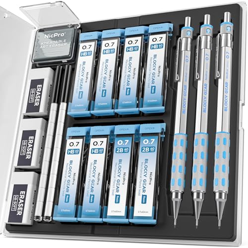 Nicpro Blocky Gear Mechanical Pencils 0.7 mm with Case, 3 Pack | Drafting Pencil with 8 Tube (480PCS) Lead Refills(HB 2B), 4 Erasers, 18 Eraser Refills for Art Writing, Sketching Drawing - style: 0.7mm