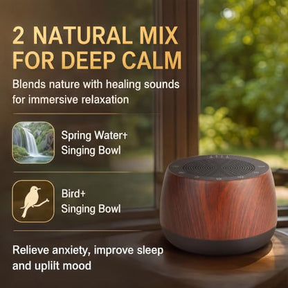 Electronic Tibetan Singing Bowl Portable Meditation Sound Machine 9 Healing Modes Touch Timer Memory for Sleep Yoga Reiki - color: Wood Grain