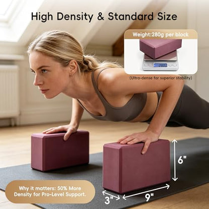 High Density EVA Yoga Blocks 2 Pack, 280g Pro-Level Exercise Brick (46-50 Shore C Firmness), Odor-Free & Non-Slip Foam Props for Yoga, Pilates & Stretching - color: rose purple