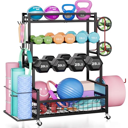 Dumbbell Rack for Home Gym, 490 lbs Weight Storage Rack with Wheels & Hooks | Heavy-Duty 490 lbs Weight Capacity,Easy Mobility with Locking Wheels,All-in-One Fitness Equipment Storage