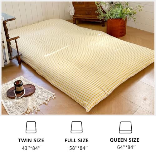 Yellow Gingham Japanese Floor Mattress Futon Cover, Queen - color: Yellow Gingham, size: Queen