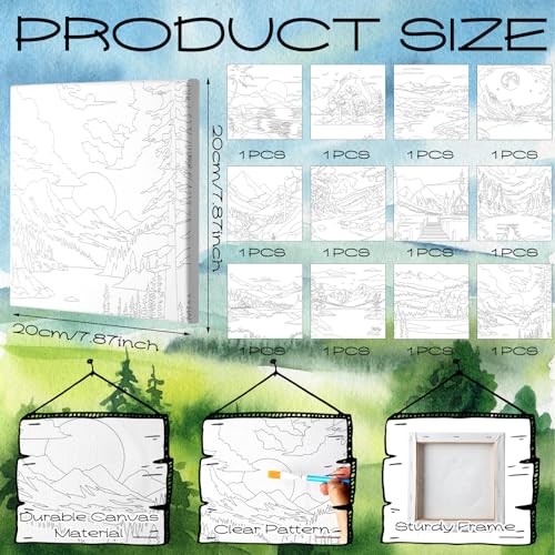 Motipuns 12 Set Landscape Pre Drawn Canvas for Paint for Adults | 8 x 8 Inch, Sip and Paint Party Kit, Pre Printed Framed Canvas with Easels Paints Brushes Aprons, Party Adult Art Supplies - style: Landscape