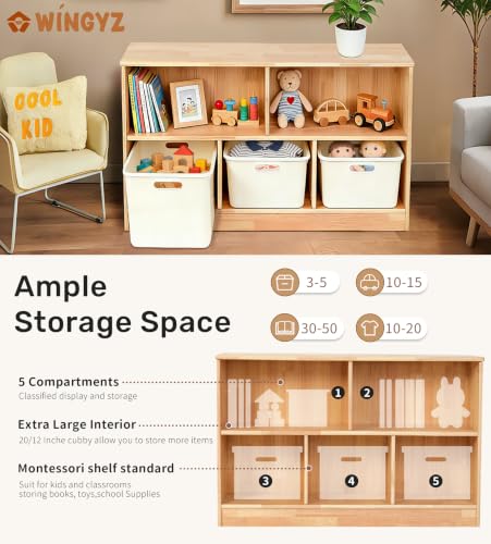 WINGYZ Rubber Wood Montessori Shelf, 5-Compartment Wooden Storage Cabinet - size: 35.5"D x 11.8"W x 23.6"H