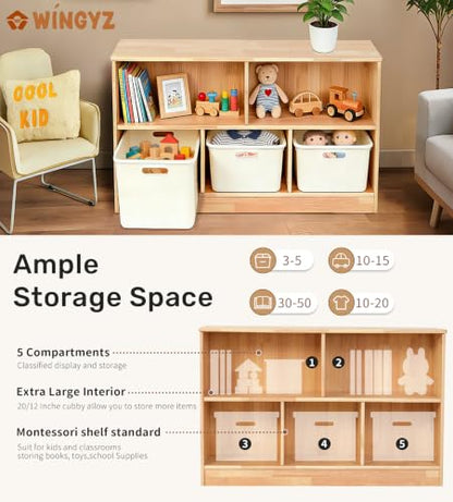 WINGYZ Rubber Wood Montessori Shelf, 5-Compartment Wooden Storage Cabinet - size: 35.5"D x 11.8"W x 23.6"H