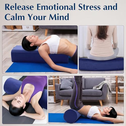 2-Pack Yoga Bolster Pillow Set: Rectangular & Cylinder Pillows for Meditation and Support, Yoga Pillows with Washable Velvet Cover, Triple-Layer Sponge with Carry Handle, Blue - color: Blue
