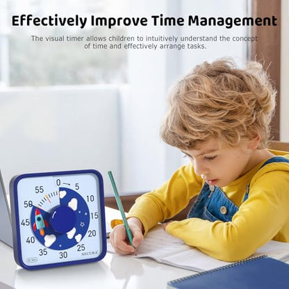 Secura 7.5-Inch Rocket Pattern Visual Timer for Kids, 60-Minute Countdown Timer for Classroom or Kitchen, Durable Mechanical Timer Clock with Magnetic Backing (Blue) - color: Dark Blue