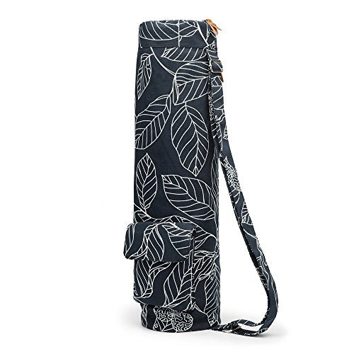 Yoga Mat Bag for Women & Men, Full-Zip Canvas Pilates Bag with Pockets | Lightweight Yoga Mat Carrier with Adjustable Shoulder Strap, Fits 1/4 & 1/3 Inch Thick Mats, for Studio Gym Travel Workout - color: Navy Blue Leaf