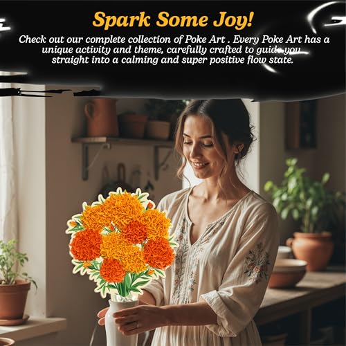Unwynd Poke Art Marigold Flower Bouquet Kit for Adults, Women and Teens | Hobby activity, brain puzzles, adult, 12 illustration sheets, 12 pages of stickers, 12 colour pages Rubbing Plates & Supplies - style: Marigold