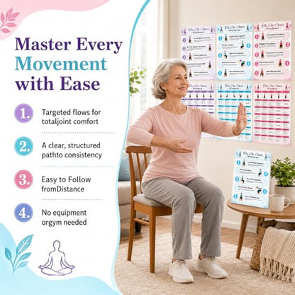 Tai Chi Chair Workout Chart Poster Set,6 Laminated Exercise Charts,30-Day Seated Tai Chi Routine