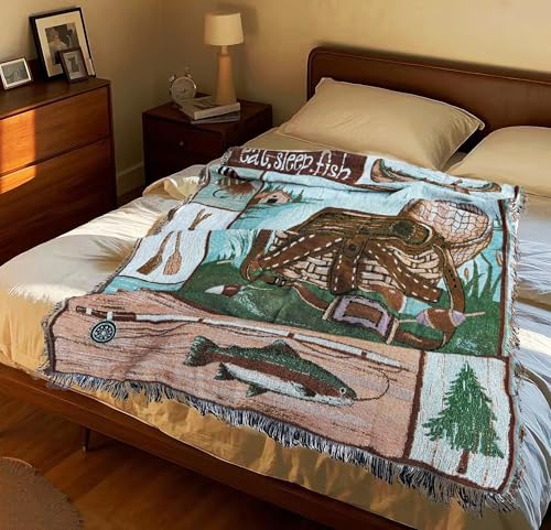 Go Fishing Camping Woven Tapestry Throw Blanket 50 X 60 Inches | Wall Hanging Art, Handicrafts Jacquard, Multipurpose Soft Travel Mat, Outdoor, Fringe Tassels - color: Camping